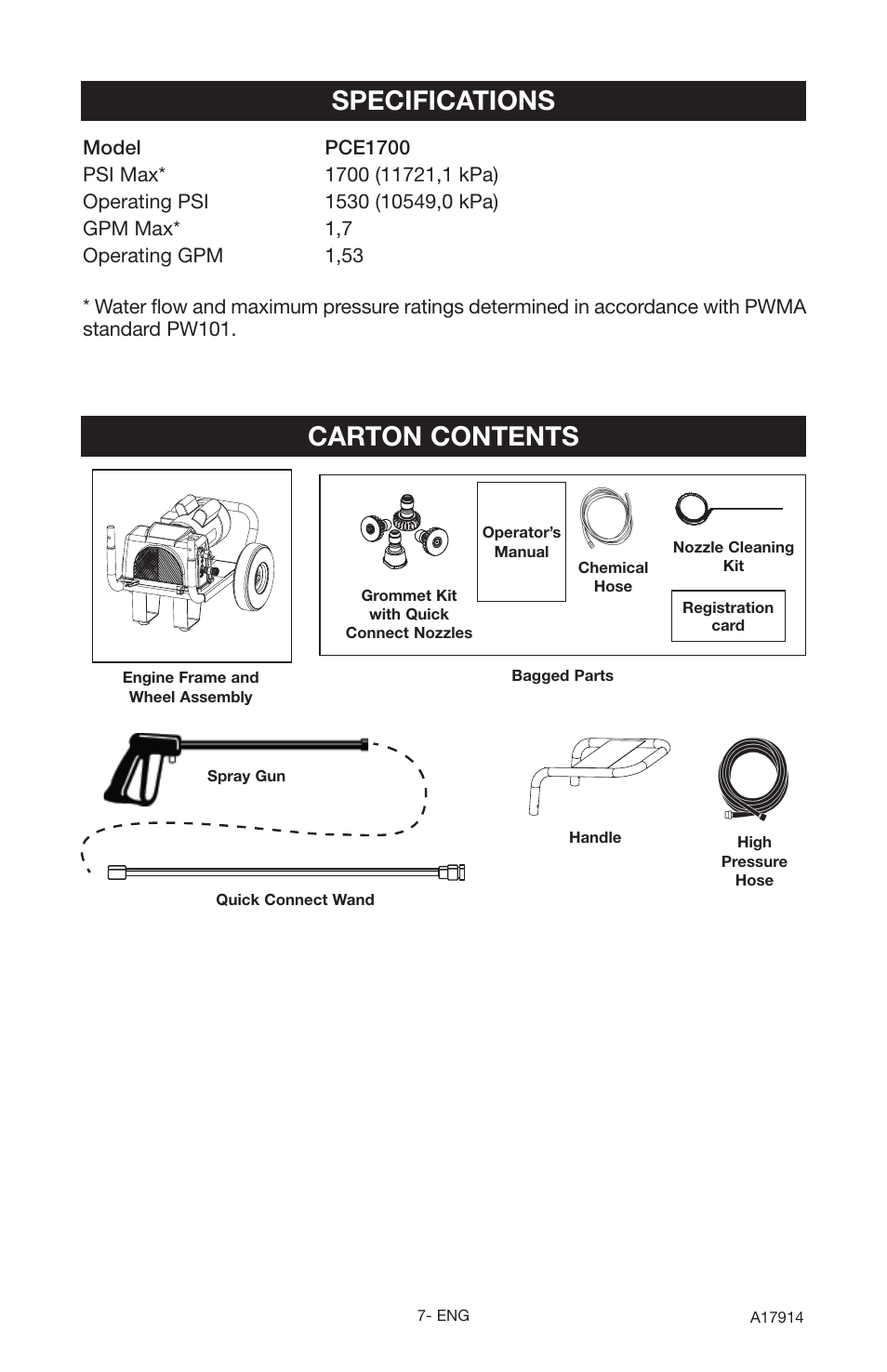 Carton contents, Specifications | Porter-Cable A17914-05-10-06 User Manual | Page 7 / 64