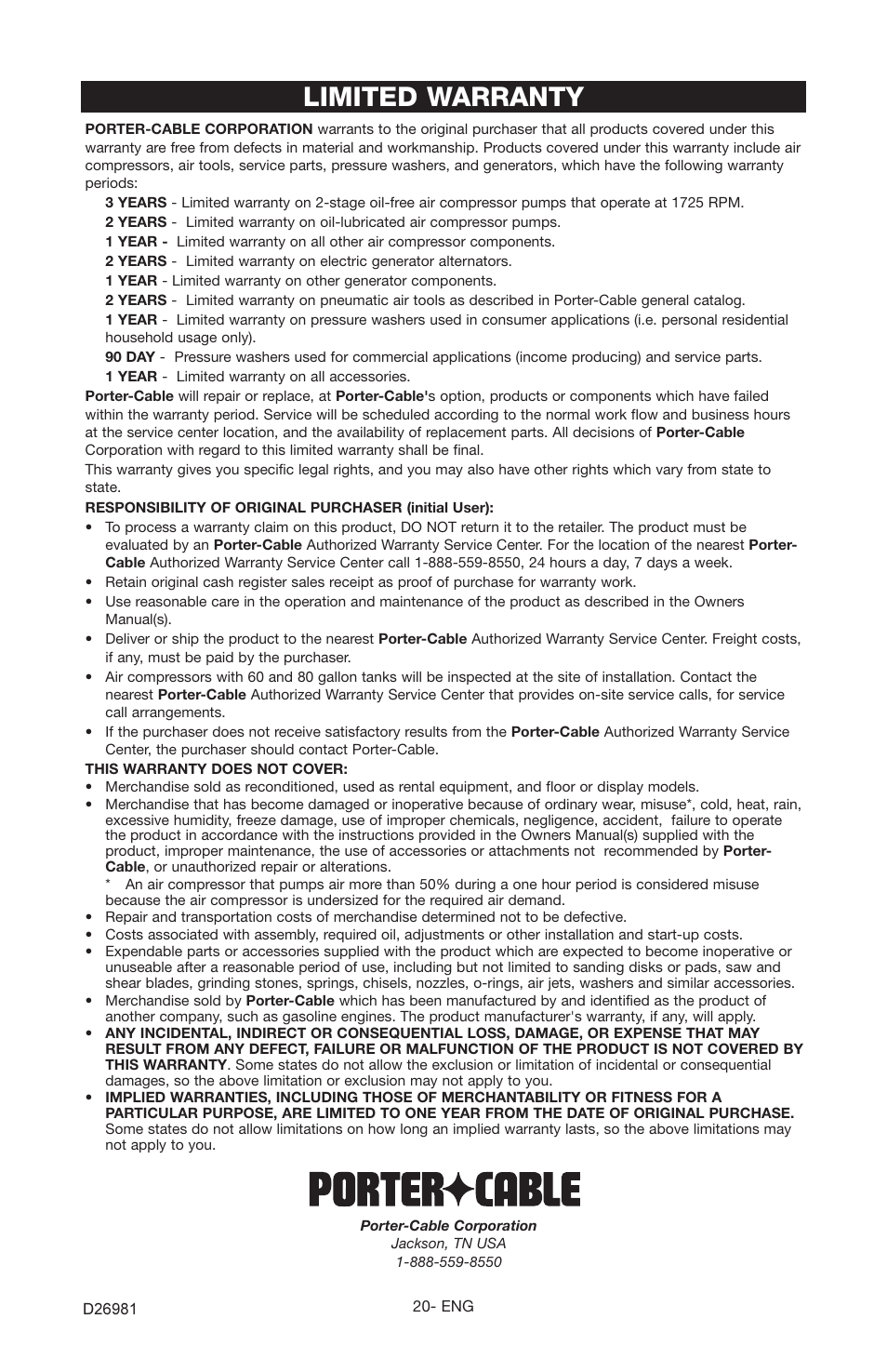 Limited warranty | Porter-Cable D26981-028-0 User Manual | Page 20 / 22