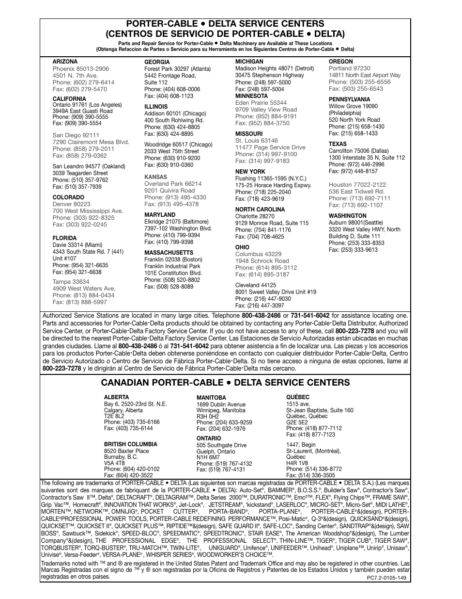 Porter-cable, Delta), Canadian porter-cable | Delta service centers | Porter-Cable 33-891 User Manual | Page 32 / 32