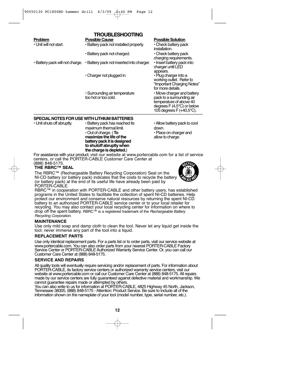 Porter-Cable PC1800HD User Manual | Page 12 / 44