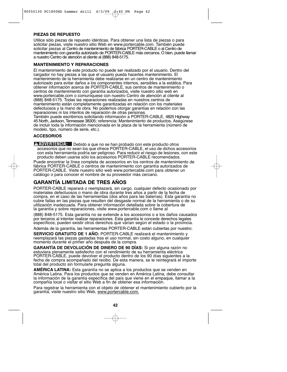 Porter-Cable PC1800HD User Manual | Page 42 / 44