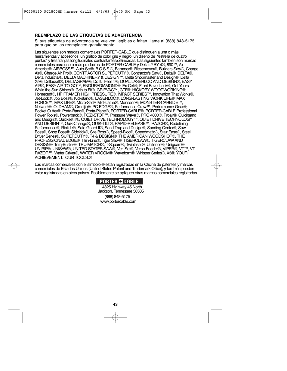 Porter-Cable PC1800HD User Manual | Page 43 / 44