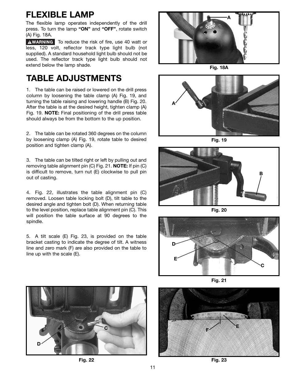 Flexible lamp, Table adjustments | Porter-Cable DP350 User Manual | Page 11 / 17