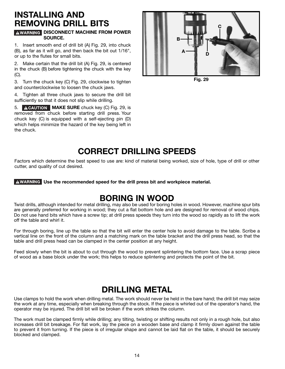 Installing and removing drill bits, Correct drilling speeds, Boring in wood | Drilling metal | Porter-Cable DP350 User Manual | Page 14 / 17