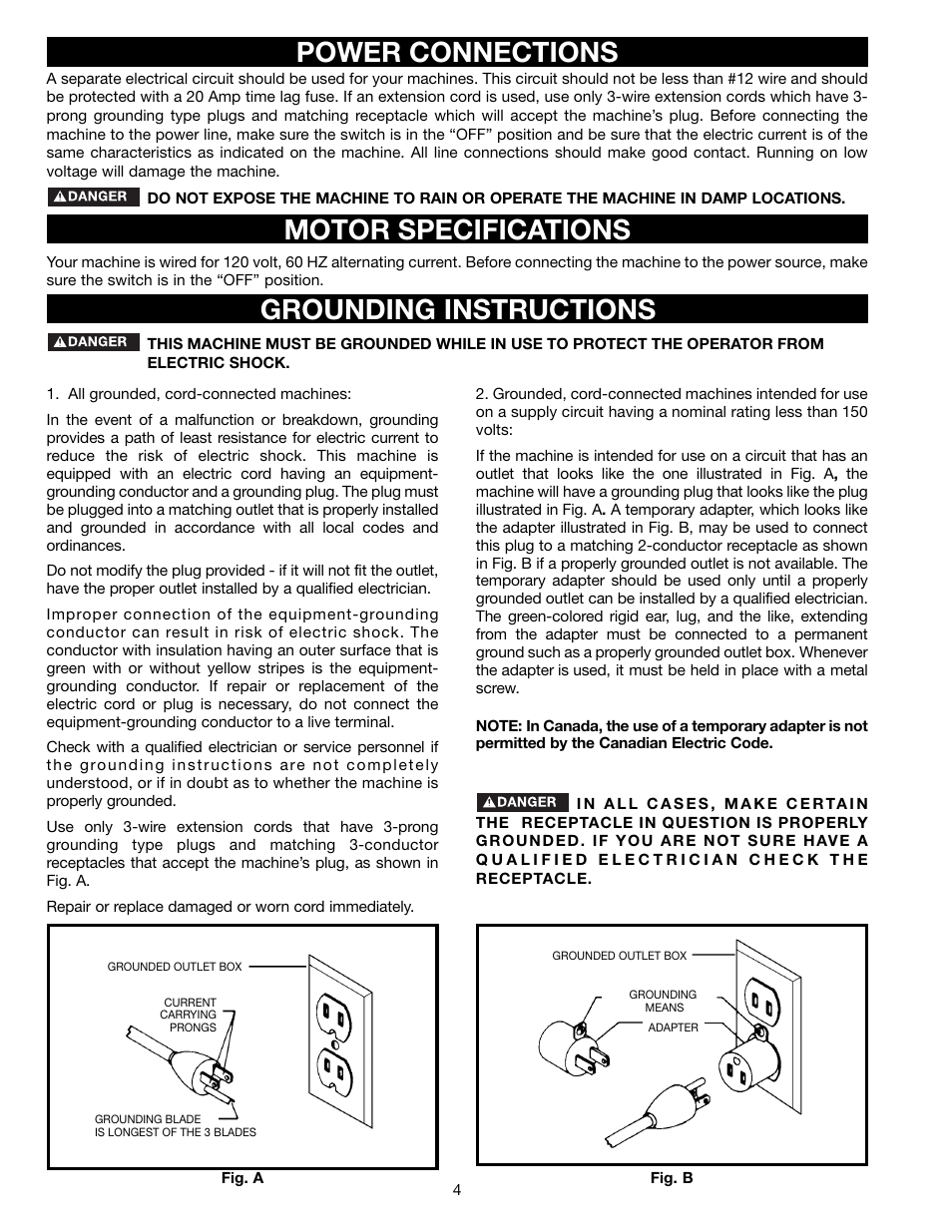 Motor specifications, Power connections grounding instructions | Porter-Cable DP350 User Manual | Page 4 / 17