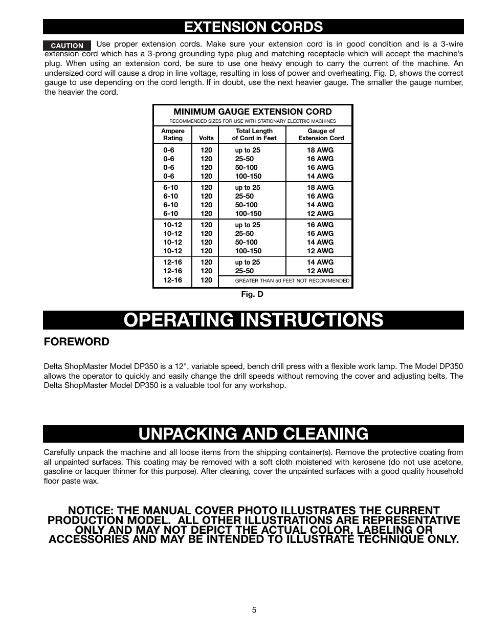 Operating instructions, Unpacking and cleaning, Extension cords | Foreword | Porter-Cable DP350 User Manual | Page 5 / 17