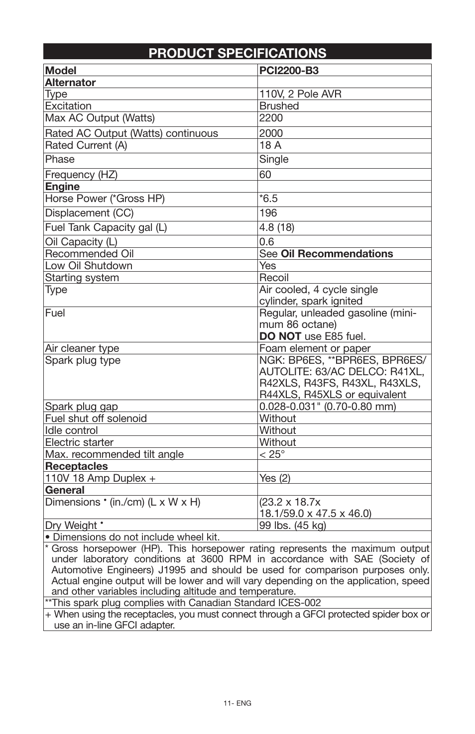 Product specifications | Porter-Cable N030679 User Manual | Page 11 / 92