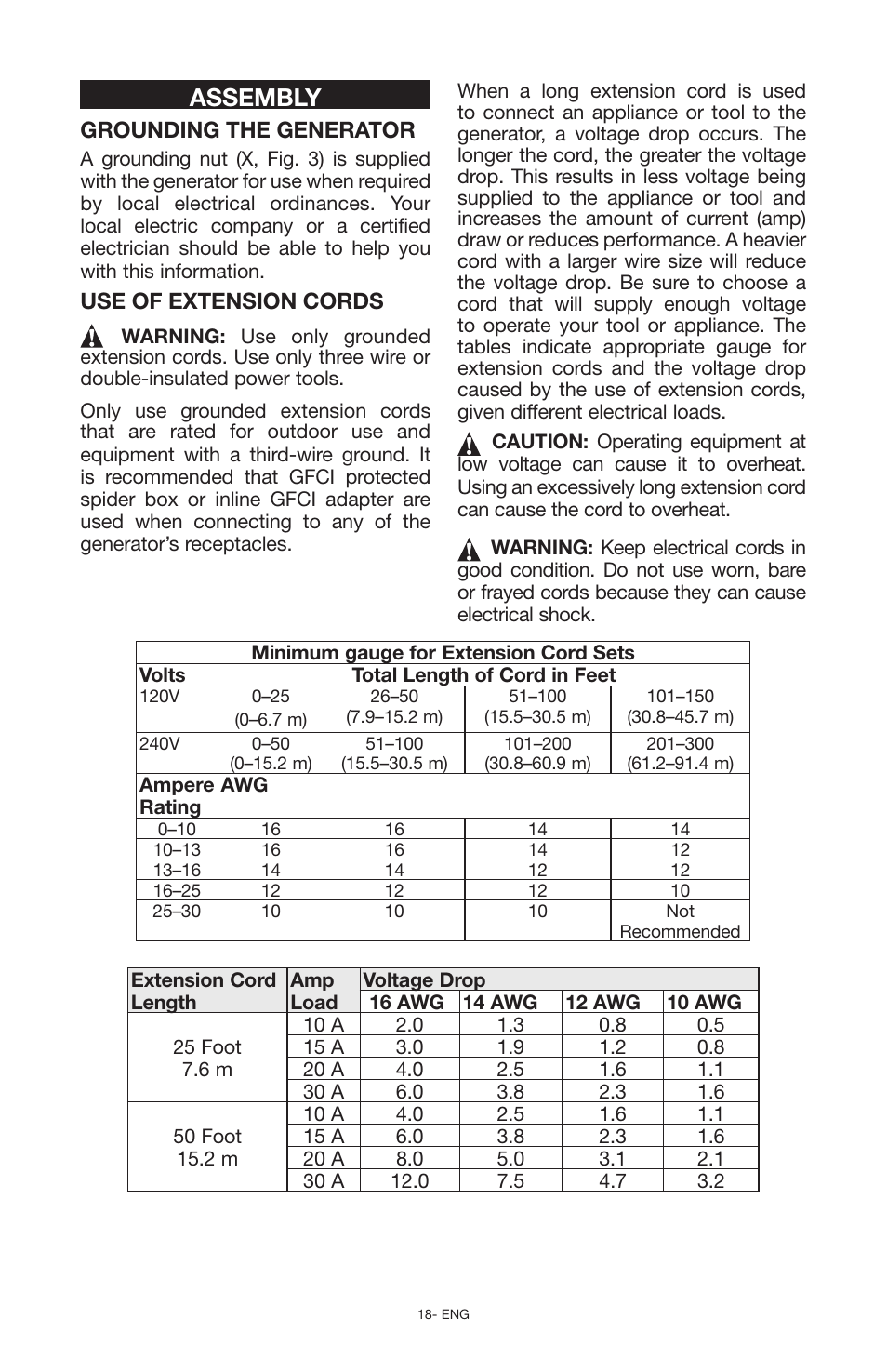 Assembly, Grounding the generator, Use of extension cords | Porter-Cable N030679 User Manual | Page 18 / 92