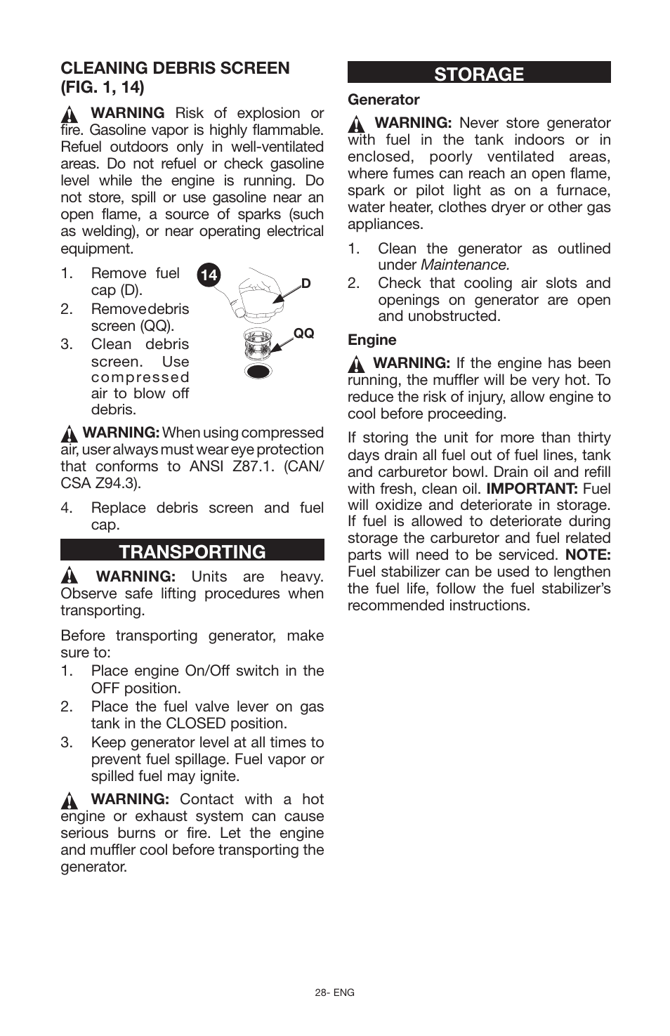 Transporting, Storage | Porter-Cable N030679 User Manual | Page 28 / 92