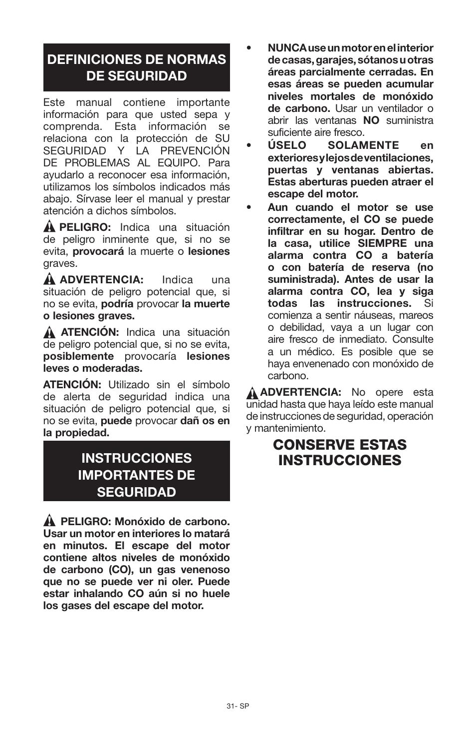 Conserve estas instrucciones, Definiciones de normas de seguridad, Instrucciones importantes de seguridad | Porter-Cable N030679 User Manual | Page 31 / 92