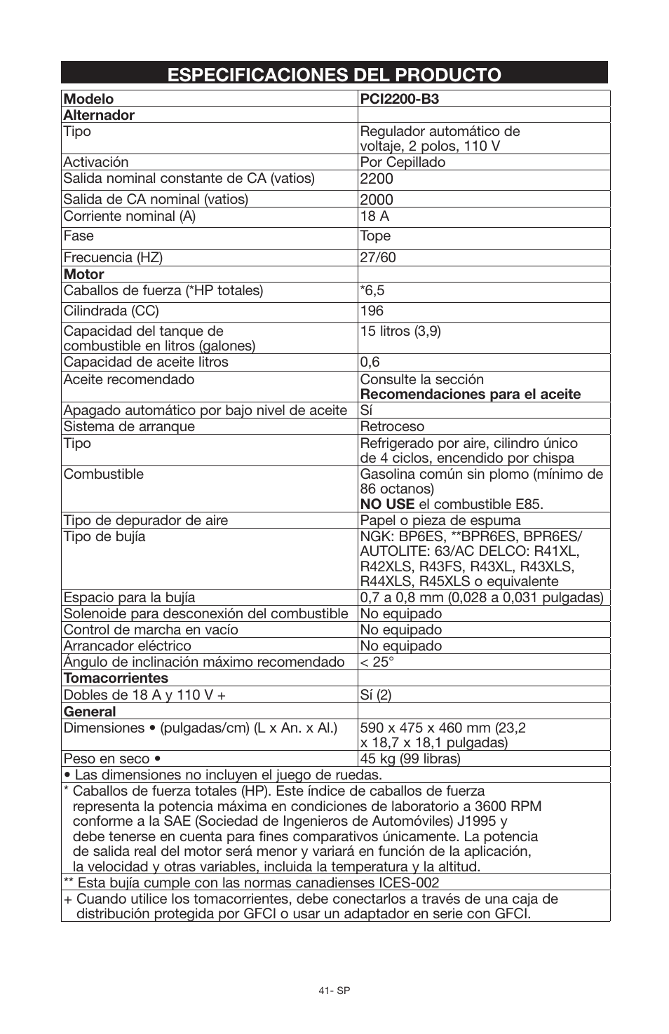 Especificaciones del producto | Porter-Cable N030679 User Manual | Page 41 / 92