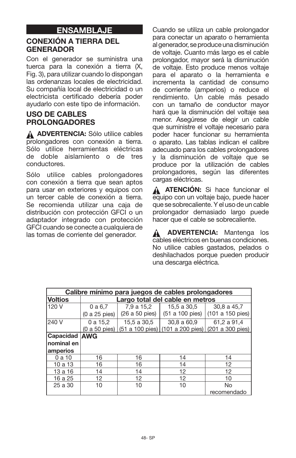 Ensamblaje, Conexión a tierra del generador, Uso de cables prolongadores | Porter-Cable N030679 User Manual | Page 48 / 92