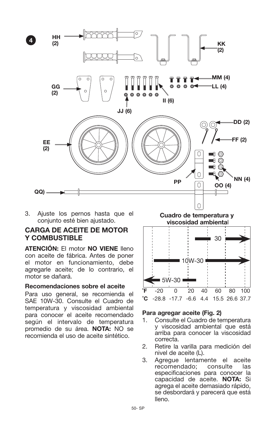 Carga de aceite de motor y combustible | Porter-Cable N030679 User Manual | Page 50 / 92