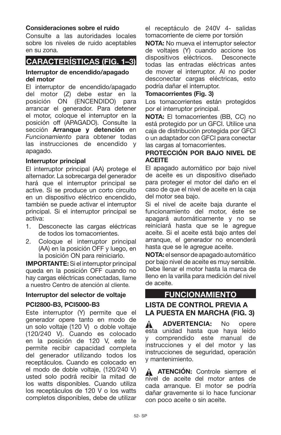 Características (fig. 1–3), Funcionamiento | Porter-Cable N030679 User Manual | Page 52 / 92