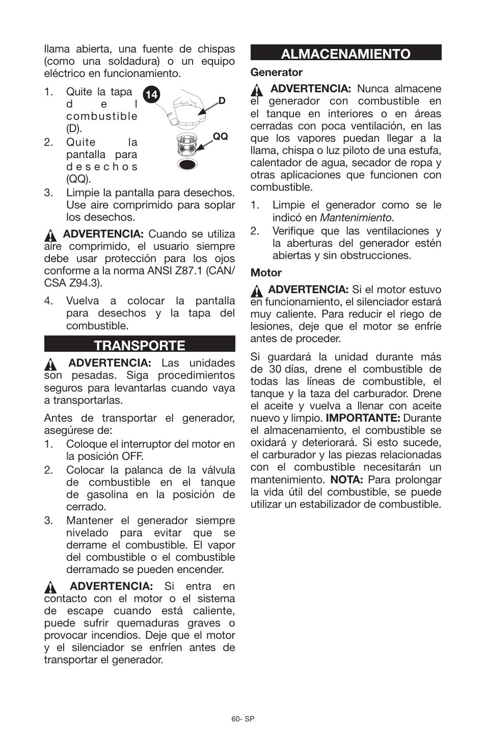 Transporte, Almacenamiento | Porter-Cable N030679 User Manual | Page 60 / 92