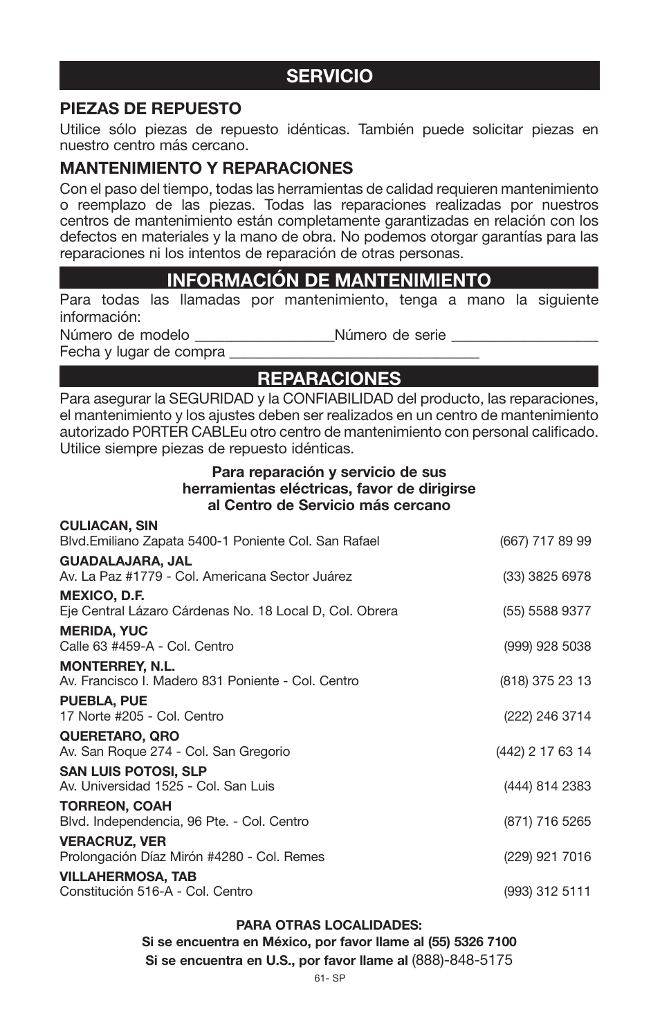 Servicio, Información de mantenimiento, Reparaciones | Piezas de repuesto, Mantenimiento y reparaciones | Porter-Cable N030679 User Manual | Page 61 / 92