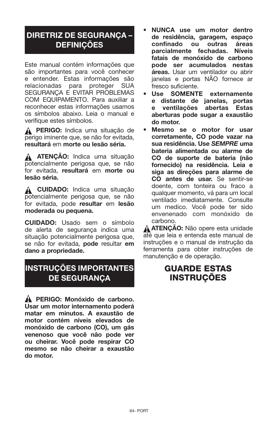 Guarde estas instruções, Diretriz de segurança – definições, Instruções importantes de segurança | Porter-Cable N030679 User Manual | Page 64 / 92