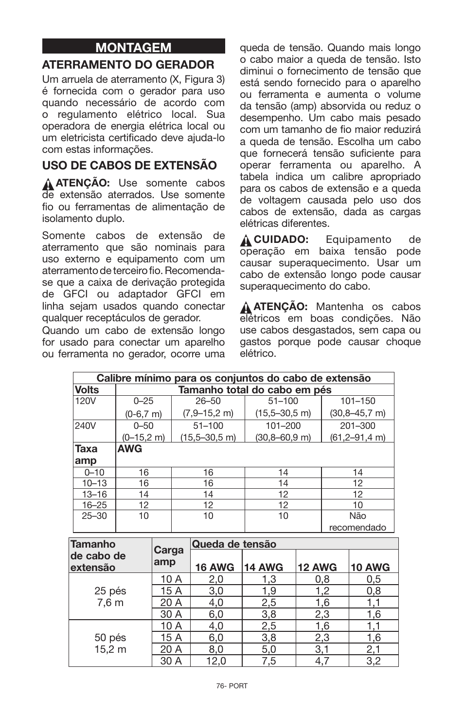 Montagem, Aterramento do gerador, Uso de cabos de extensão | Porter-Cable N030679 User Manual | Page 76 / 92