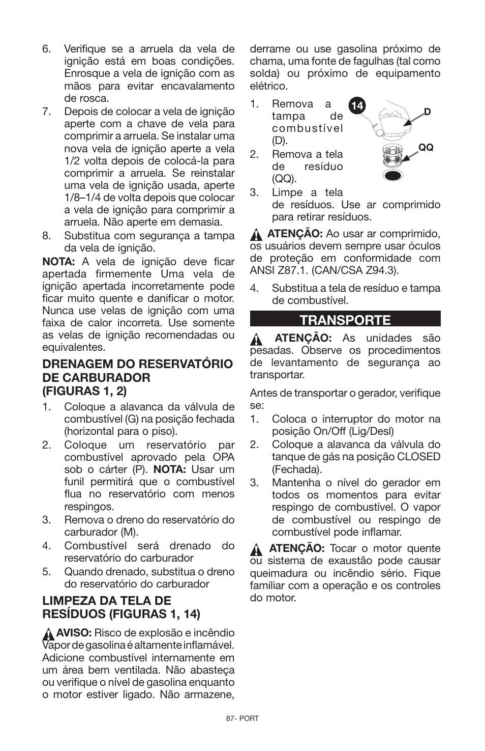 Transporte | Porter-Cable N030679 User Manual | Page 87 / 92