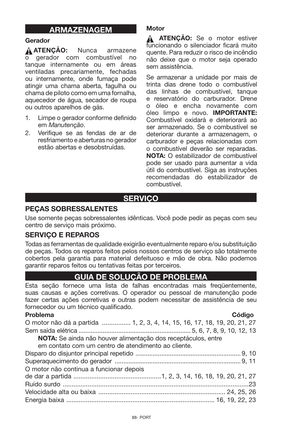 Armazenagem, Serviço, Guia de solução de problema | Porter-Cable N030679 User Manual | Page 88 / 92