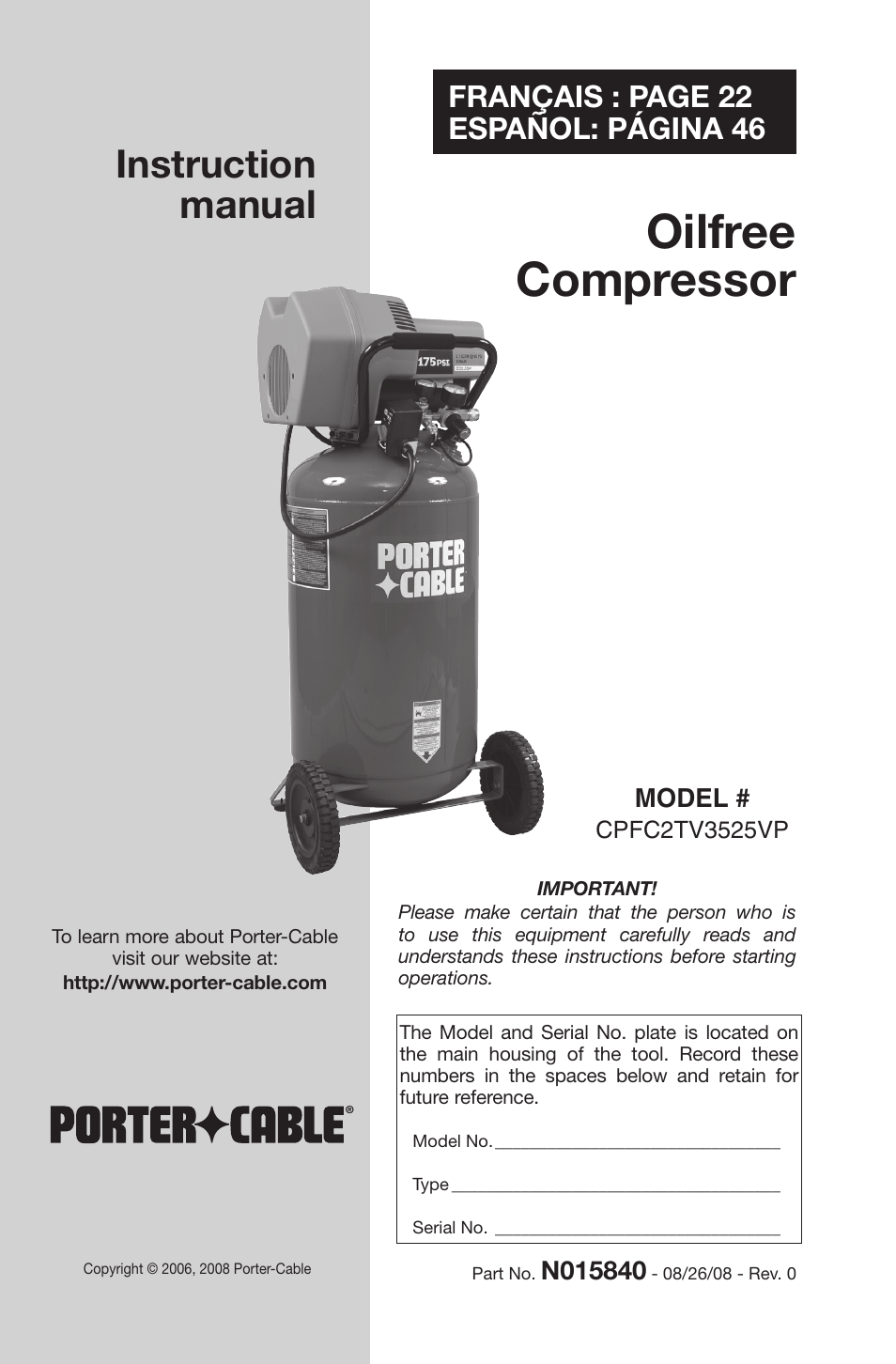 Porter-Cable CPFC2TV3525VP User Manual | 72 pages