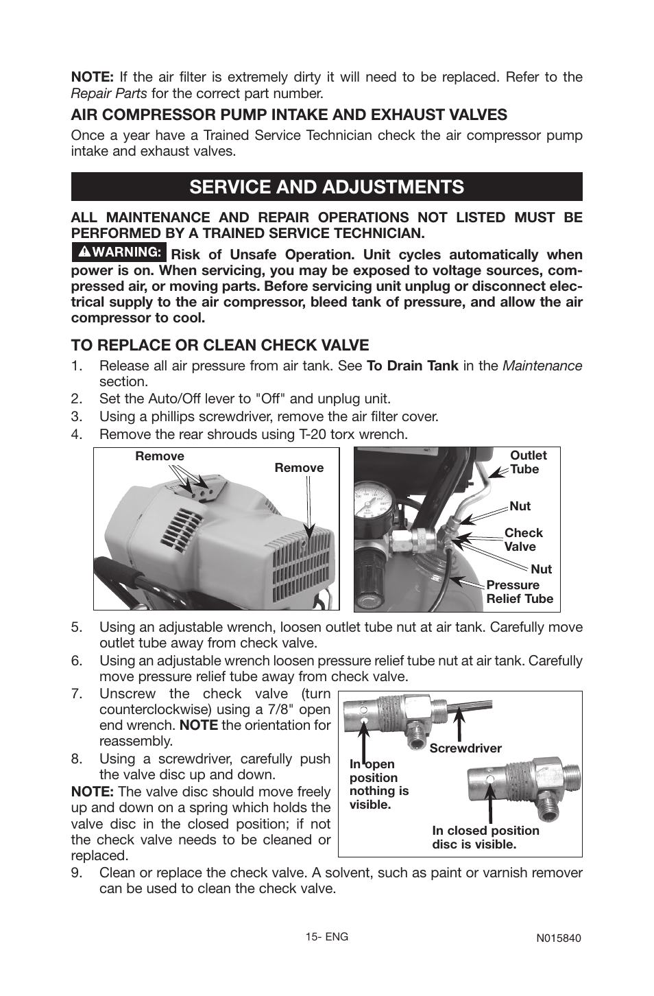 Service and adjustments, Air compressor pump intake and exhaust valves | Porter-Cable CPFC2TV3525VP User Manual | Page 15 / 72