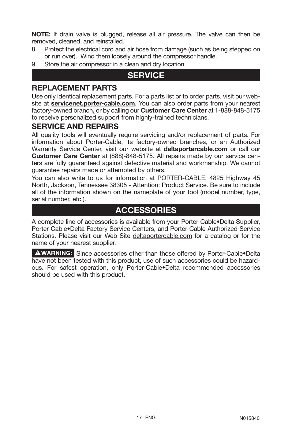 Service, Accessories, Replacement parts | Service and repairs | Porter-Cable CPFC2TV3525VP User Manual | Page 17 / 72