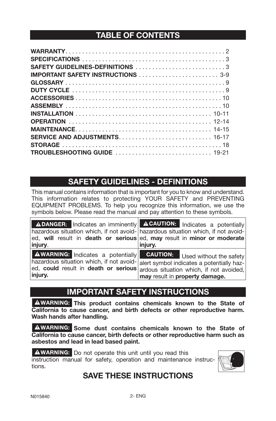 Safety guidelines - definitions, Important safety instructions, Save these instructions table of contents | Porter-Cable CPFC2TV3525VP User Manual | Page 2 / 72