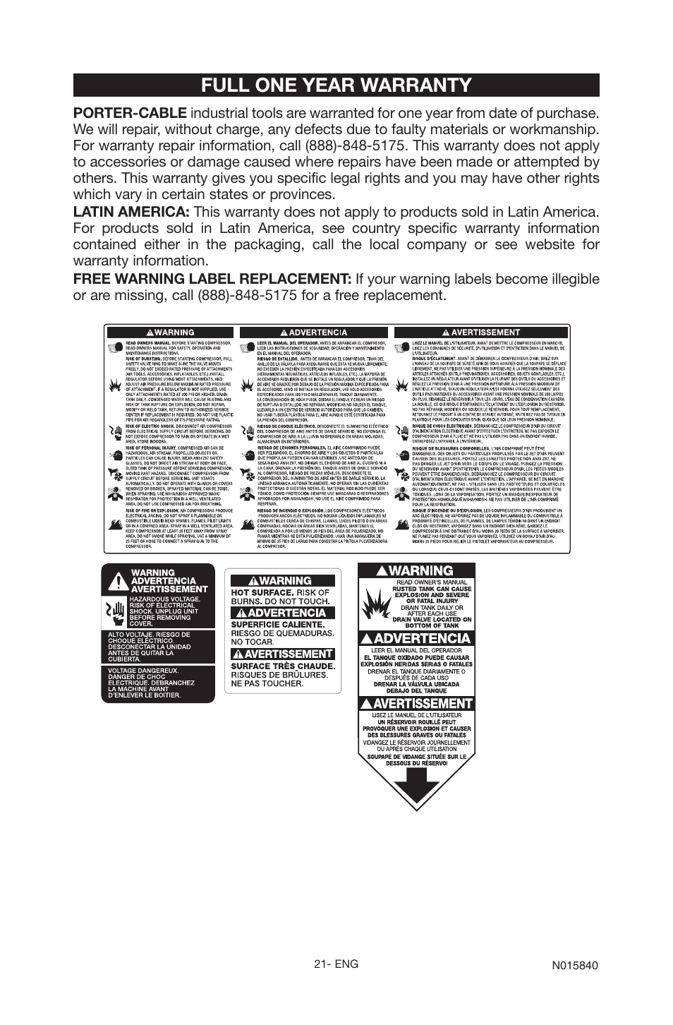 Full one year warranty | Porter-Cable CPFC2TV3525VP User Manual | Page 21 / 72