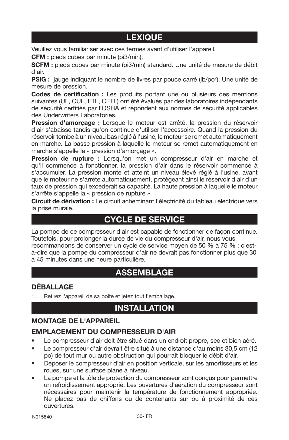 Lexique, Cycle de service, Assemblage | Installation | Porter-Cable CPFC2TV3525VP User Manual | Page 30 / 72