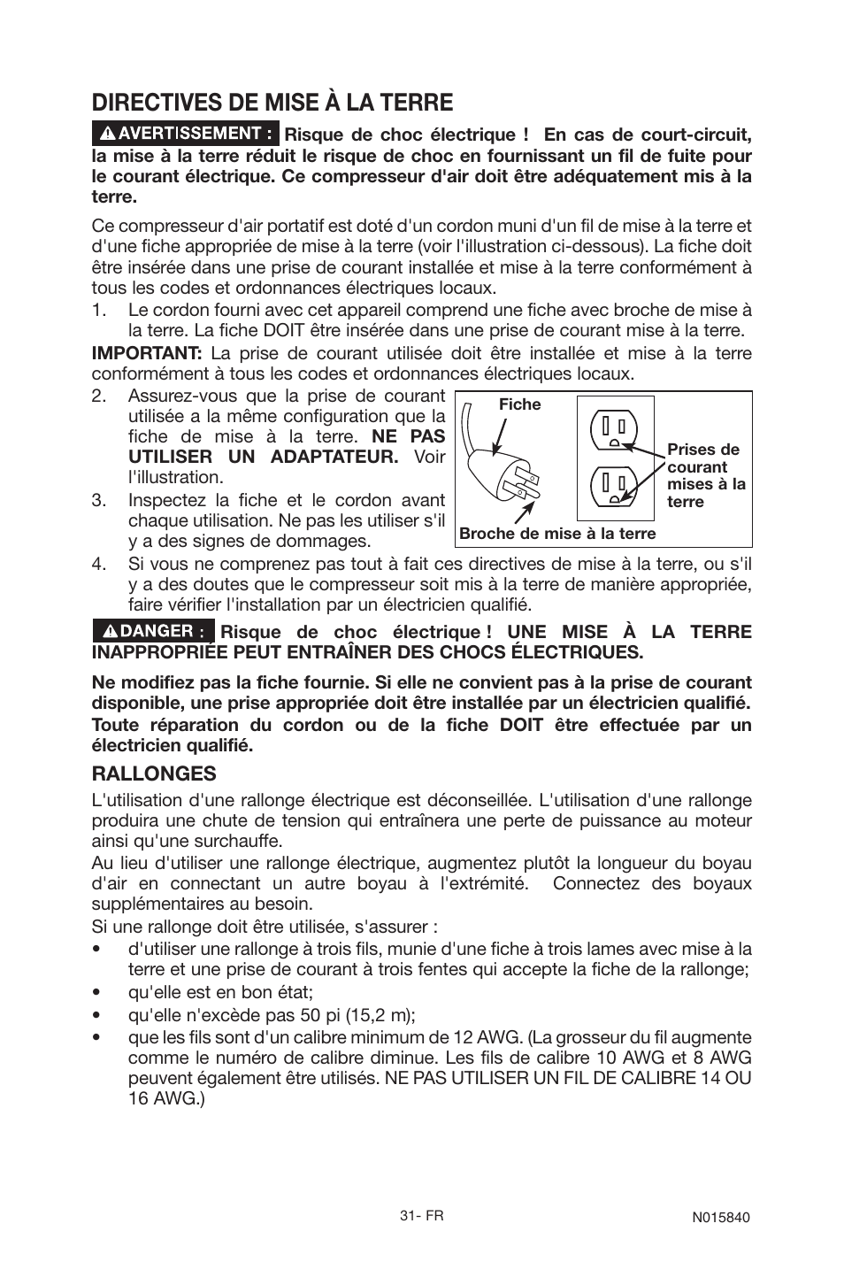 Directives de mise à la terre | Porter-Cable CPFC2TV3525VP User Manual | Page 31 / 72