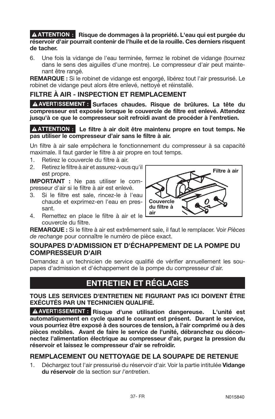 Entretien et réglages | Porter-Cable CPFC2TV3525VP User Manual | Page 37 / 72