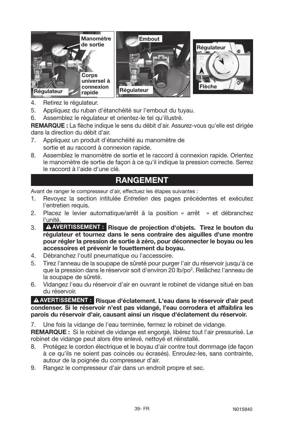 Rangement | Porter-Cable CPFC2TV3525VP User Manual | Page 39 / 72