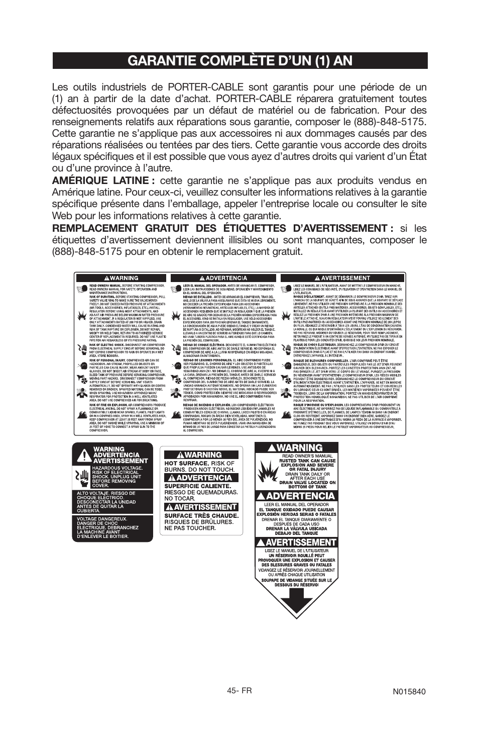 Garantie complète d’un (1) an | Porter-Cable CPFC2TV3525VP User Manual | Page 45 / 72