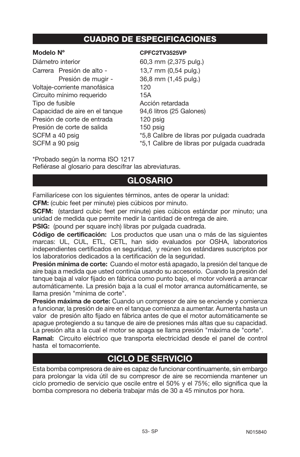 Glosario, Ciclo de servicio, Cuadro de especificaciones | Porter-Cable CPFC2TV3525VP User Manual | Page 53 / 72