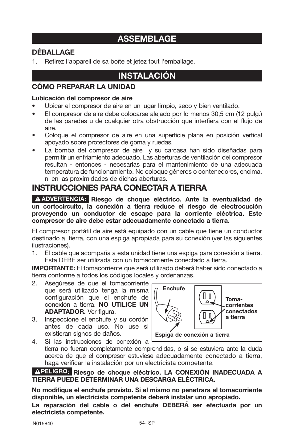 Assemblage, Instalación, Instrucciones para conectar a tierra | Porter-Cable CPFC2TV3525VP User Manual | Page 54 / 72