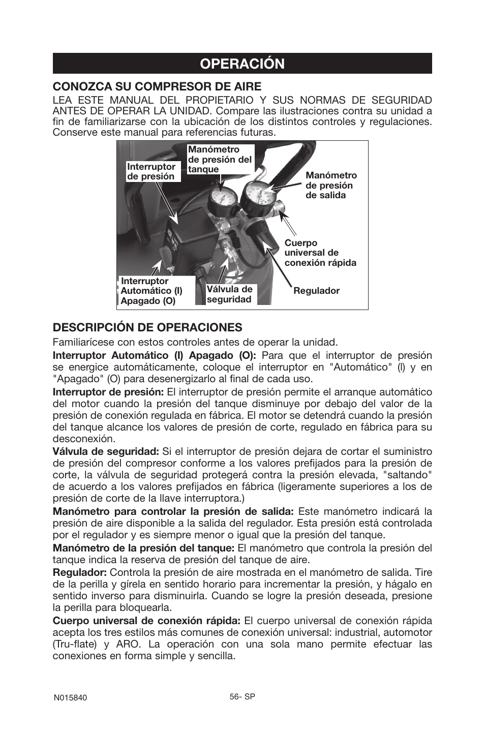 Operación, Conozca su compresor de aire, Descripción de operaciones | Porter-Cable CPFC2TV3525VP User Manual | Page 56 / 72