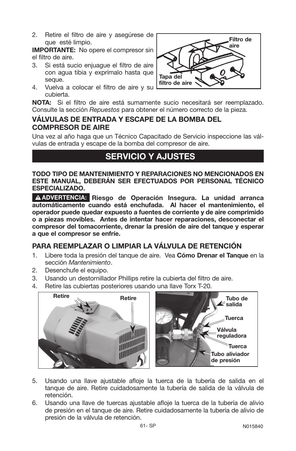 Servicio y ajustes | Porter-Cable CPFC2TV3525VP User Manual | Page 61 / 72