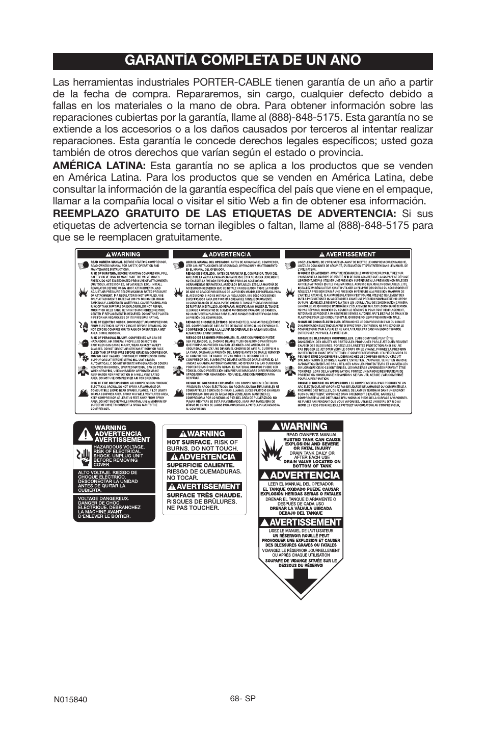 Garantía completa de un año | Porter-Cable CPFC2TV3525VP User Manual | Page 68 / 72