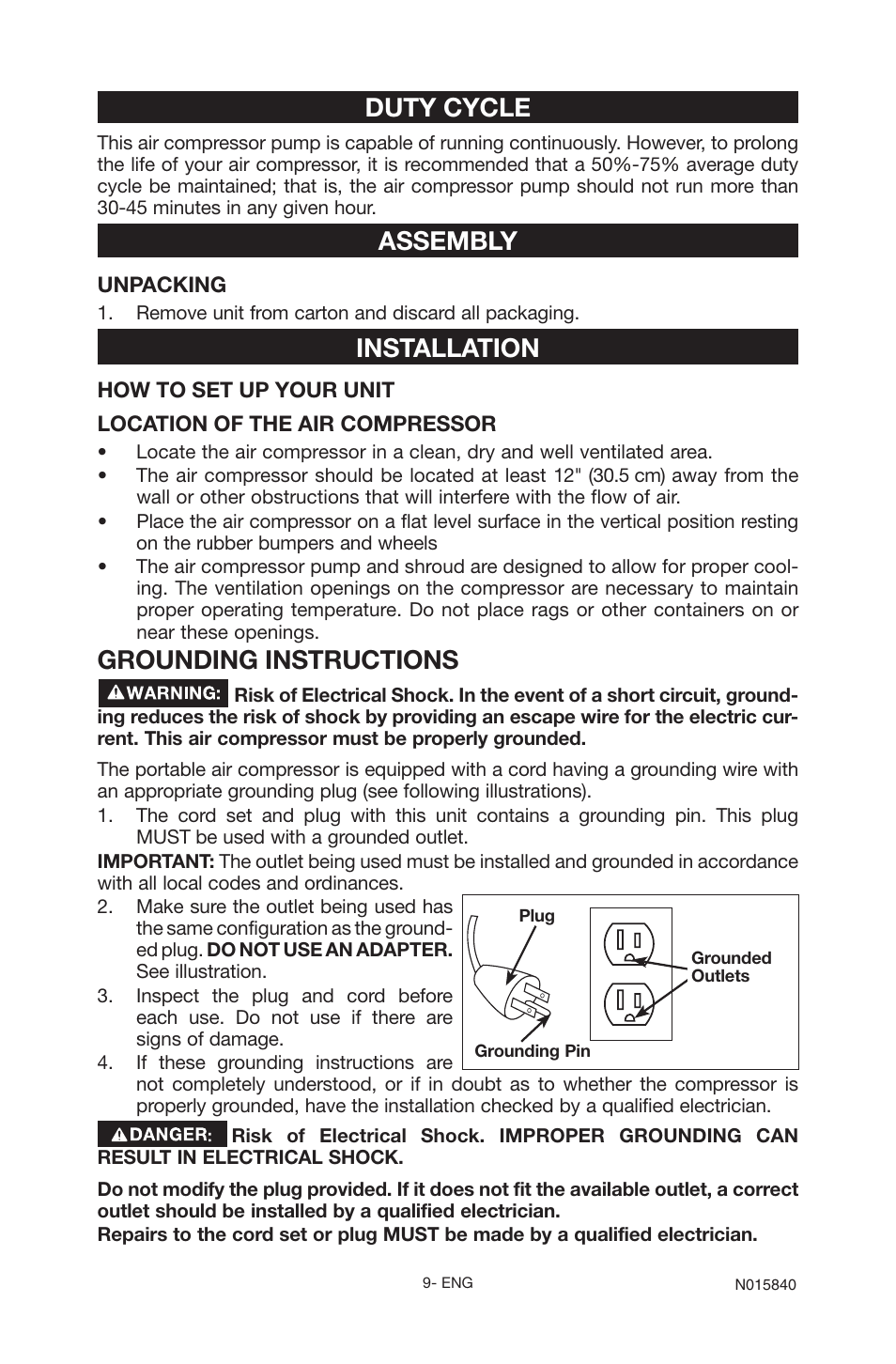 Duty cycle, Assembly, Installation | Grounding instructions | Porter-Cable CPFC2TV3525VP User Manual | Page 9 / 72