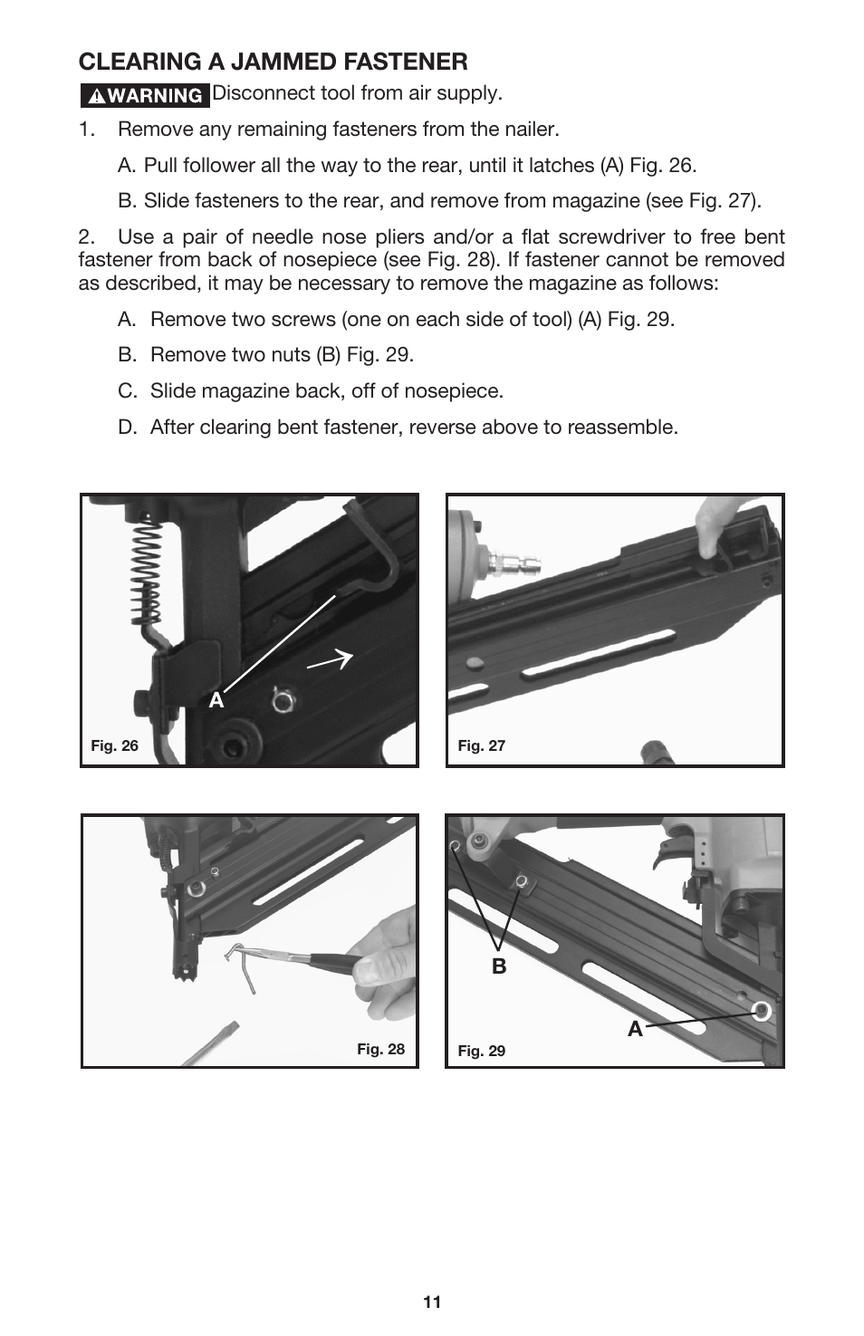 Clearing a jammed fastener | Porter-Cable FC350 User Manual | Page 11 / 15