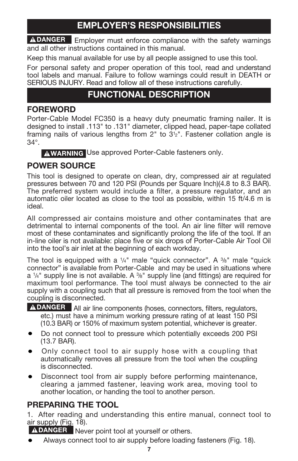 Employer’s responsibilities functional description, Foreword, Power source | Preparing the tool | Porter-Cable FC350 User Manual | Page 7 / 15