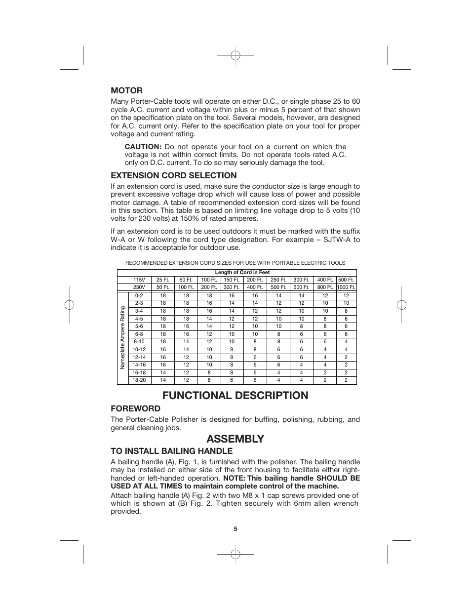 Functional description, Assembly, Motor | Extension cord selection, Foreword | Porter-Cable 7428 User Manual | Page 5 / 11