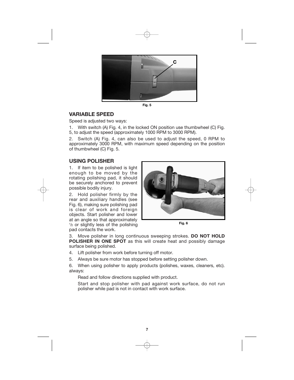 Variable speed, Using polisher | Porter-Cable 7428 User Manual | Page 7 / 11