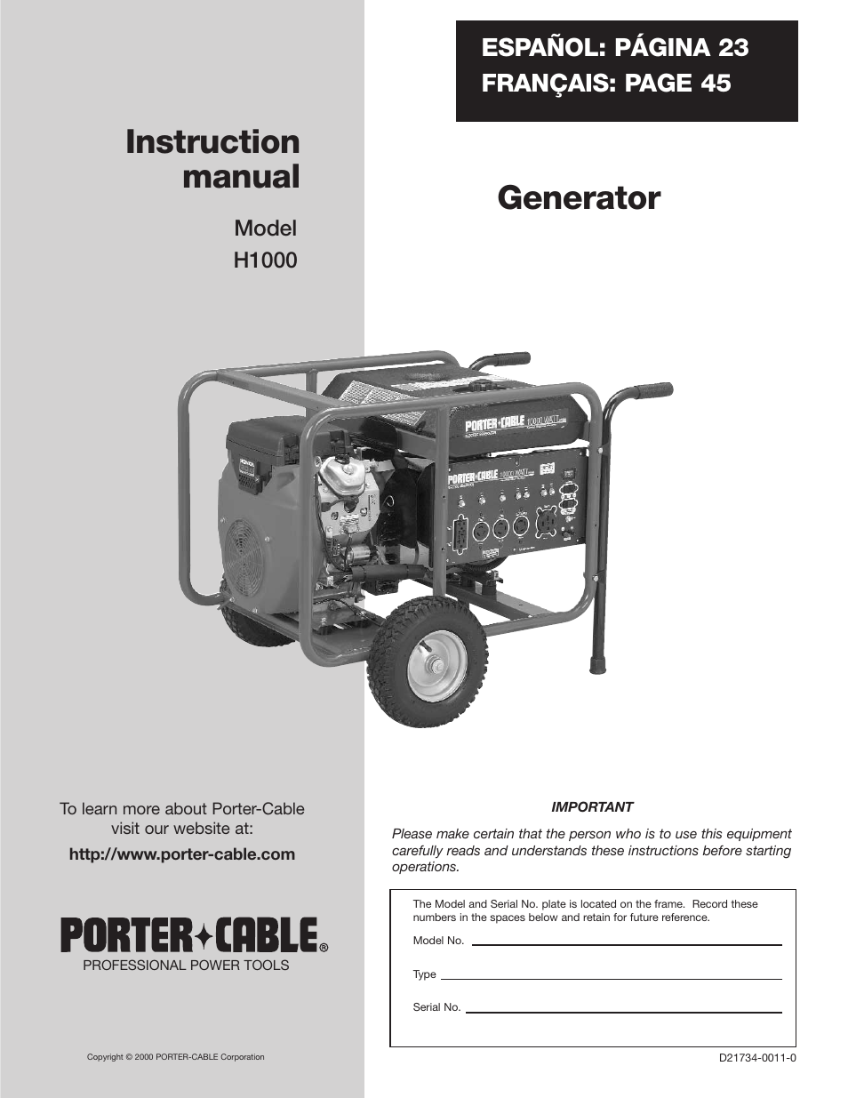 Porter-Cable H1000 User Manual | 22 pages