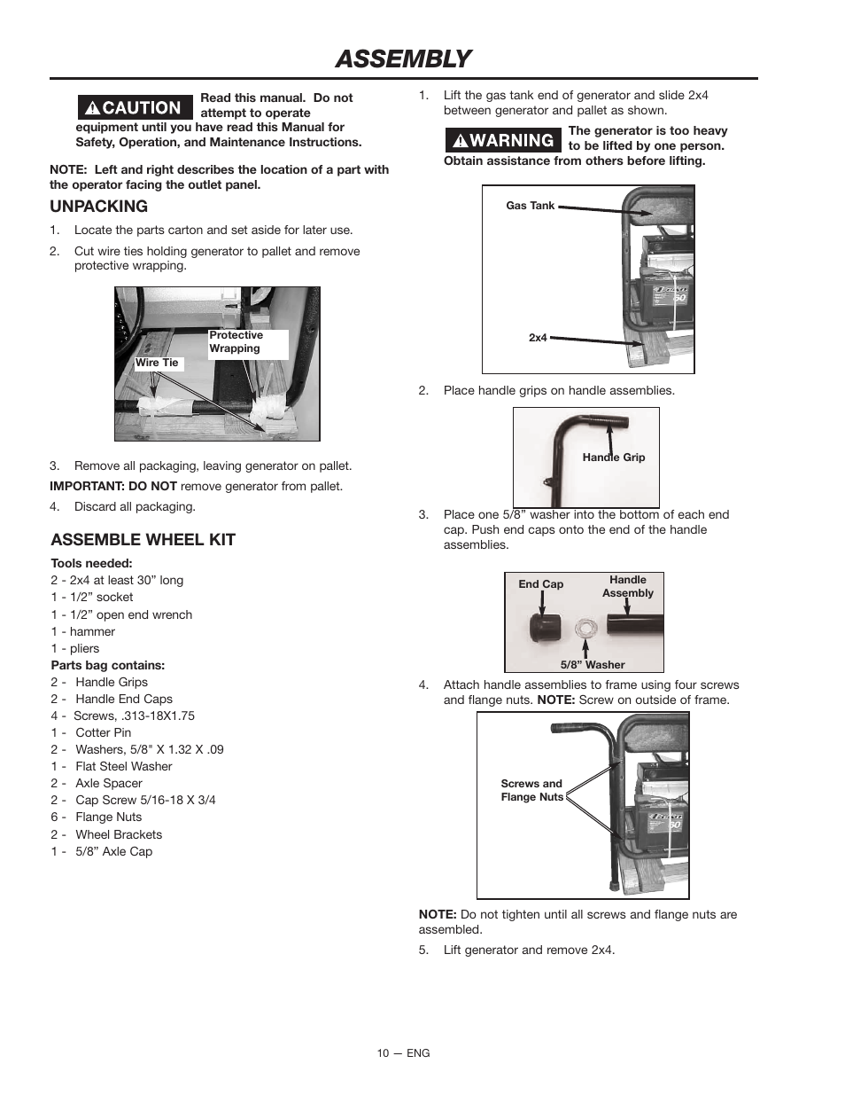 Assembly, Unpacking, Assemble wheel kit | Porter-Cable H1000 User Manual | Page 10 / 22
