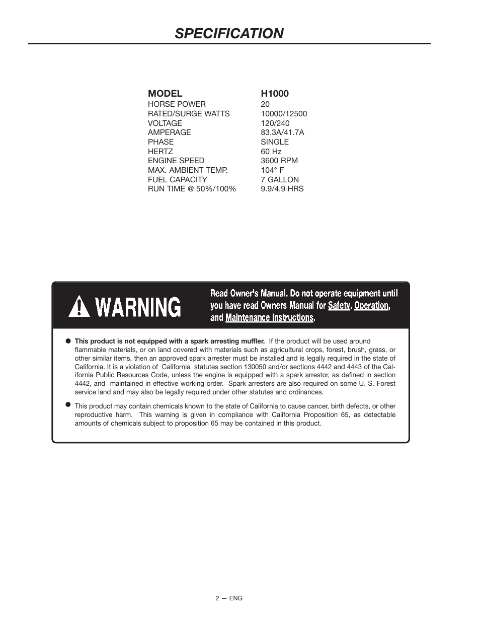 Specification | Porter-Cable H1000 User Manual | Page 2 / 22
