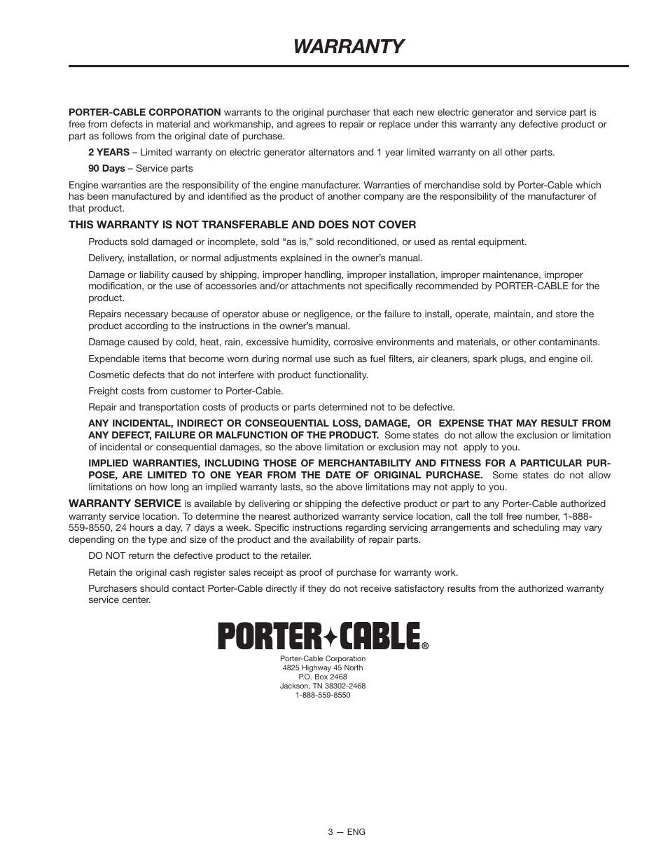 Warranty | Porter-Cable H1000 User Manual | Page 3 / 22
