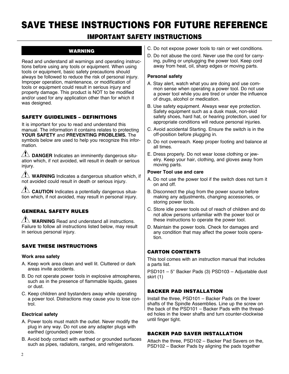 Save these instructions for future reference, Important safety instructions | Porter-Cable PRO MINI SANDER PSDMNI User Manual | Page 2 / 6