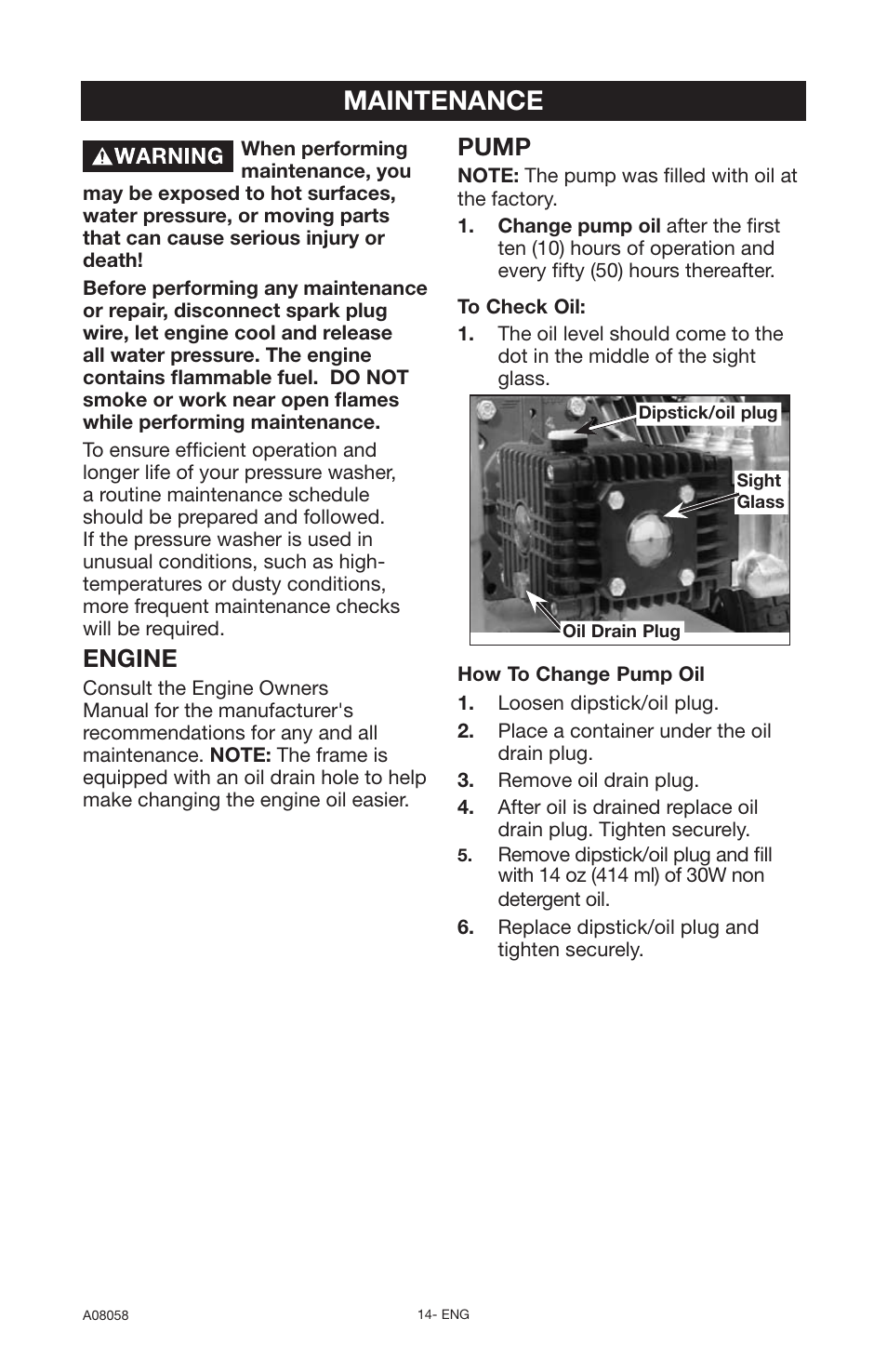 Maintenance, Engine, Pump | Porter-Cable PCH3740 User Manual | Page 14 / 20